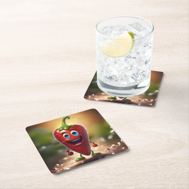Happy 3D Animated Chili Bean, Square Paper Coaster (Insitu)