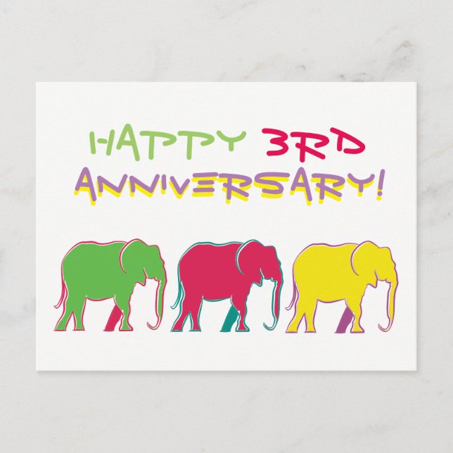 Happy 3rd Anniversary Elephants Silhouette Neon Postcard (Front)