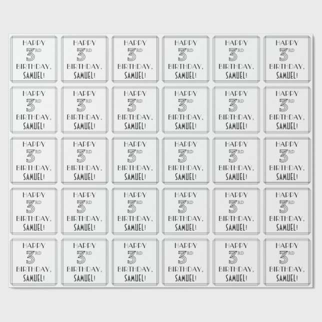 HAPPY 3RD BIRTHDAY; Art Deco Style; Custom Name Wrapping Paper (Flat)