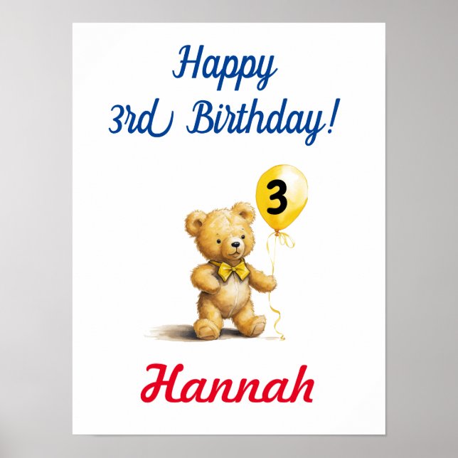 Happy 3rd Birthday, Birthday Party Decoration,  Poster (Front)