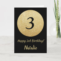 Happy 3rd Birthday Black and Gold Glitter Card