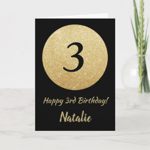 Happy 3rd Birthday Black and Gold Glitter Card