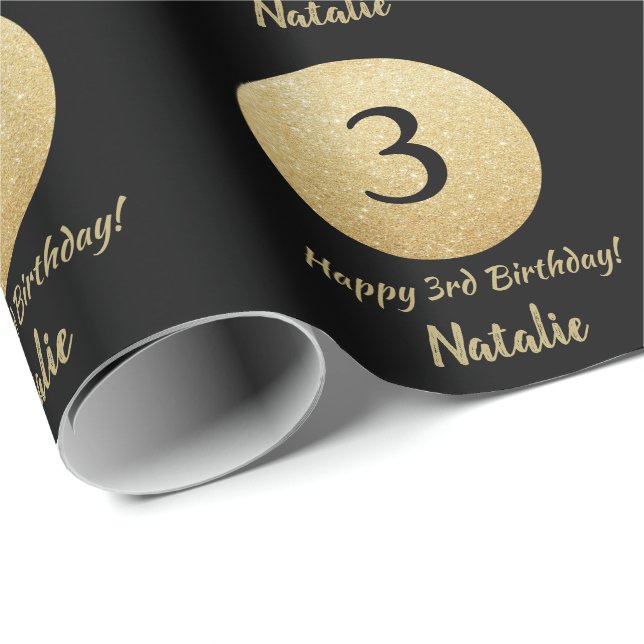 Happy 3rd Birthday Black and Gold Glitter Wrapping Paper (Roll Corner)