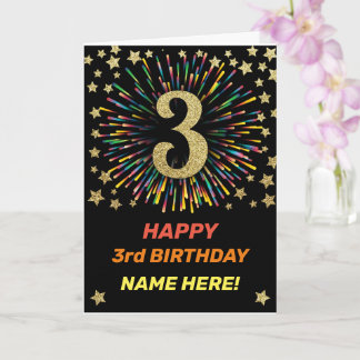 Happy 3rd Birthday Black & Gold Rainbow Firework Card
