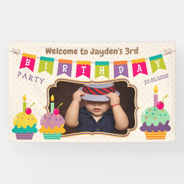 Happy 3rd Birthday Colourful Cupcakes Bunting Phot Banner (Horizontal)