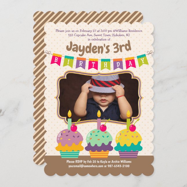 Happy 3rd Birthday Colourful Cupcakes Bunting Phot Invitation (Front/Back)