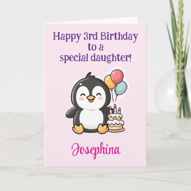 Happy 3rd Birthday Daughter, Penguin Personalized  Card (Front)