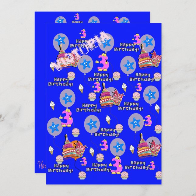 Happy 3rd Birthday Invitation Birthday #3 (Front/Back)