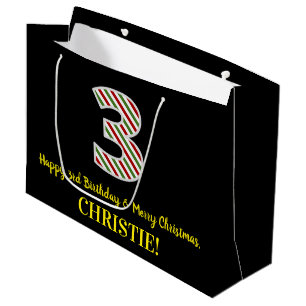 Happy 3rd Birthday & Merry Christmas, Custom Name Large Gift Bag