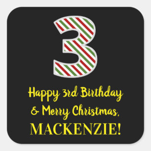 Happy 3rd Birthday & Merry Christmas, Custom Name Square Sticker