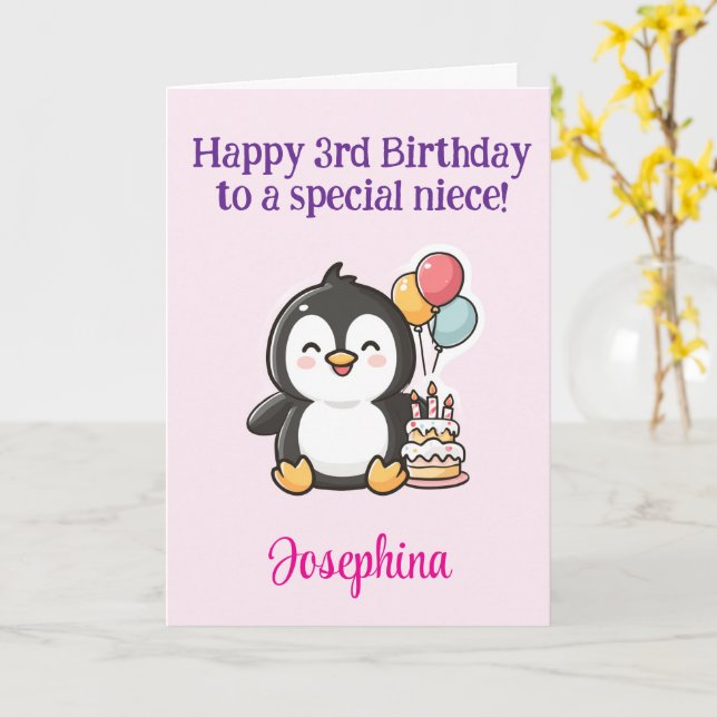 Happy 3rd Birthday Niece, Penguin, Personalized Card (Yellow Flower)