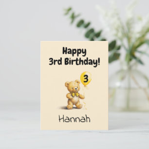 Happy 3rd Birthday, Personalized Teddy Bear Card,  Postcard