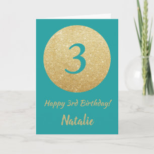Happy 3rd Birthday Teal and Gold Glitter Card