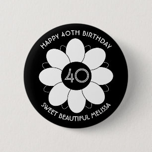 Happy 40 Birthday Floral Design Pattern Black 6 Cm Round Badge