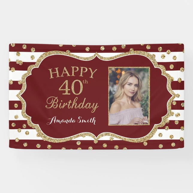 Happy 40th Birthday Banner Burgundy and Gold Photo (Horizontal)