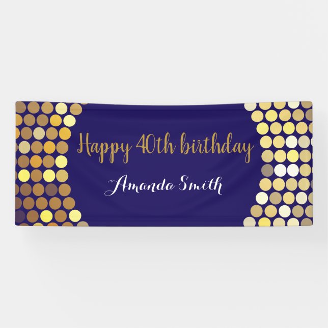 Happy 40th Birthday Banner Navy Blue Gold Glitter (Horizontal)