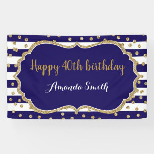 Happy 40th Birthday Banner. Navy Blue Gold Glitter Banner