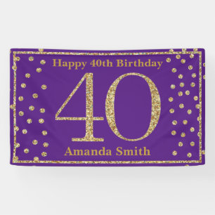 Happy 40th Birthday Banner Purple and Gold Glitter
