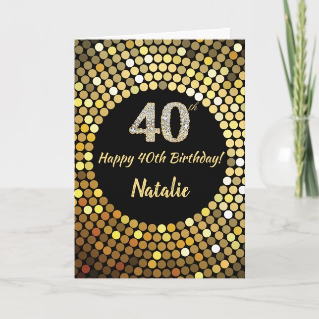 Happy 40th Birthday Black and Gold Glitter Card (Front)