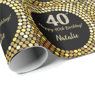 Happy 40th Birthday Black and Gold Glitter Wrapping Paper