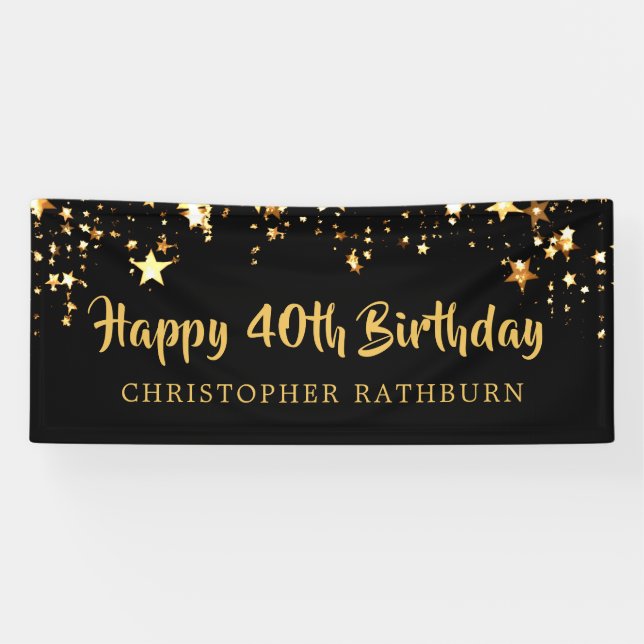 Happy 40th Birthday Black Gold Stars or Your Text Banner (Horizontal)