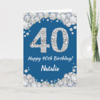 Happy 40th Birthday Blue and Silver Glitter Card