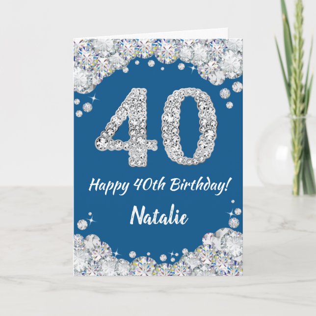 Happy 40th Birthday Blue and Silver Glitter Card (Front)