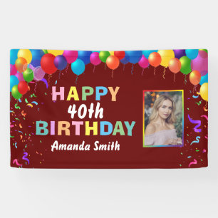 Happy 40th Birthday Colorful Balloons Burgundy Red Banner