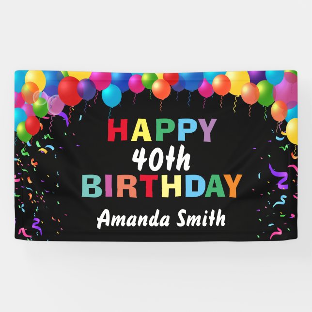 Happy 40th Birthday Colourful Balloons Confetti Banner (Horizontal)