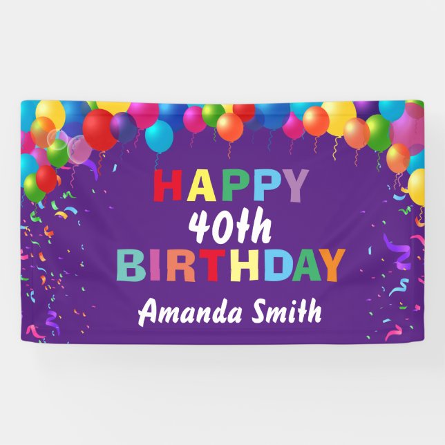 Happy 40th Birthday Colourful Balloons Purple Banner (Horizontal)
