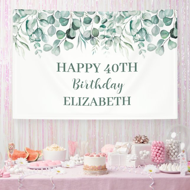 Happy 40th Birthday Eucalyptus Botanical Rustic Banner (Party)