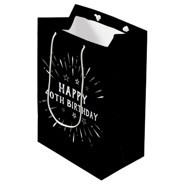 Happy 40th Birthday Fireworks Black White Grey Medium Gift Bag (Front Angled)