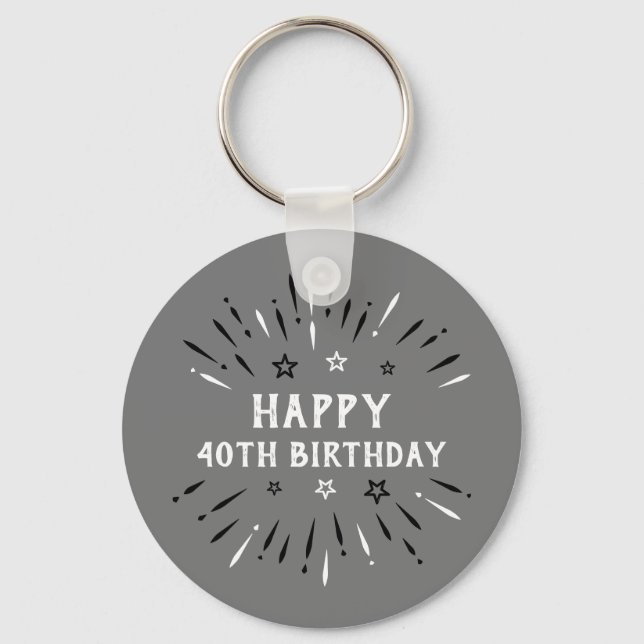 Happy 40th Birthday Fireworks Grey Black White Key Ring (Front)
