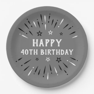 Happy 40th Birthday Fireworks Grey Black White Paper Plate