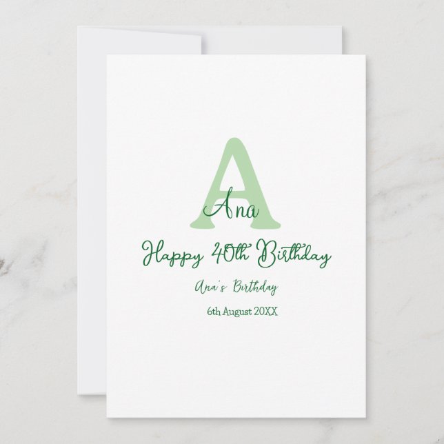 Happy 40th birthday green add name monogram modern invitation (Front)