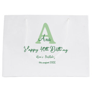 Happy 40th birthday green add name monogram modern large gift bag