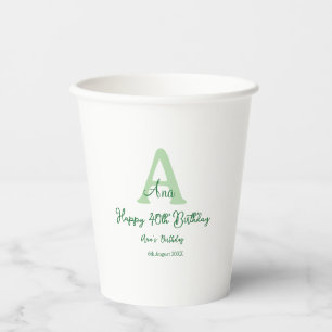 Happy 40th birthday green add name monogram modern paper cups