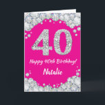Happy 40th Birthday Hot Pink and Silver Glitter Card<br><div class="desc">Happy 40th Birthday Hot Pink and Silver Glitter Card with personalised name. For further customisation,  please click the "Customise it" button and use our design tool to modify this template.</div>
