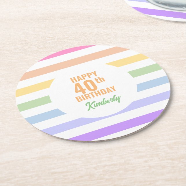 Happy 40th Birthday in Rainbow Stripes Round Paper Coaster (Angled)