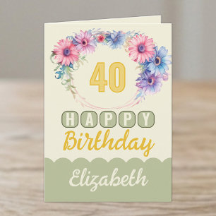 Happy 40th Birthday name floral yellow Card