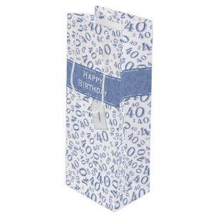 Happy 40th Birthday Number Pattern Blue/White (W) Wine Gift Bag