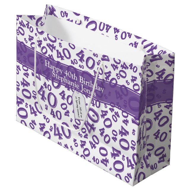 Happy 40th Birthday Number Pattern Purple/White 40 Large Gift Bag (Front Angled)