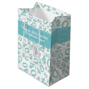 Happy 40th Birthday Number Pattern Teal/White 40 Medium Gift Bag