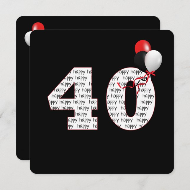 Happy 40th Birthday On Black Invitation (Front/Back)