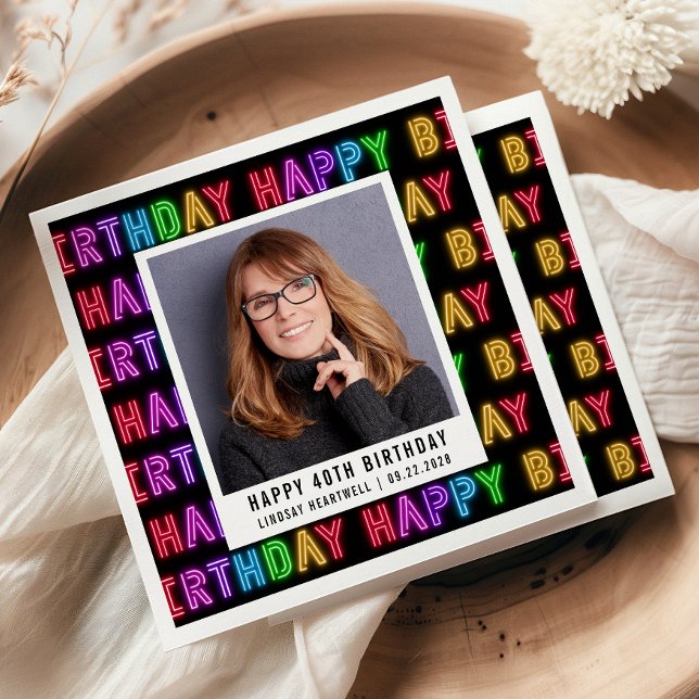 Happy 40th Birthday Photo Rainbow Neon Napkin (Creator Uploaded)