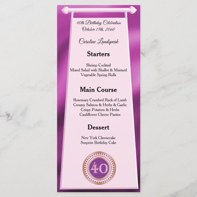 Happy 40th Birthday Pink Glitter Foil Menu (Front)
