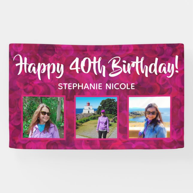 Happy 40th Birthday Pink Personalised Photos Banner (Horizontal)