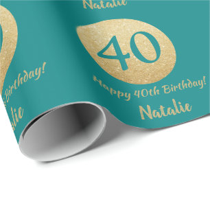 Happy 40th Birthday Teal and Gold Glitter Wrapping Paper