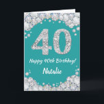 Happy 40th Birthday Teal and Silver Glitter Card<br><div class="desc">Happy 40th Birthday Teal Turquoise Aqua and Silver Glitter Card with personalised name. For further customisation,  please click the "Customise it" button and use our design tool to modify this template.</div>