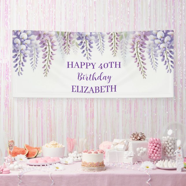 Happy 40th Birthday Wisteria Purple Flowers Banner (Party)